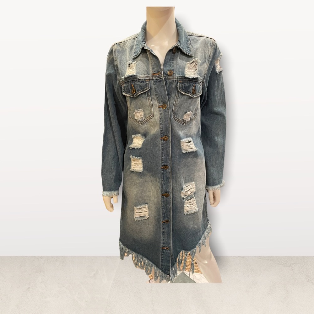 LOLO JEANS denim button down distressed ~ shredded ~ fringed NWT!